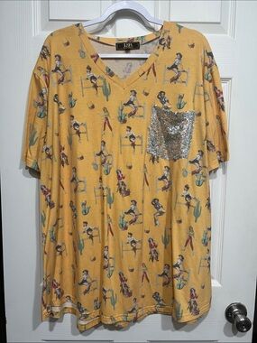 L&B Mustard Yellow Western Cowgirl Print Short Sleeve Tee with Sequin Pocket